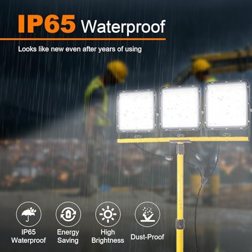 30000Lumen LED Work Lights with Stand, 3 Head Tripod Work Light 16.5FT Power Cord IP65 Waterproof, Portable Telescoping Flood Light for Construction Site Garage Workshop Indoor Outdoor Lighting - Image 4