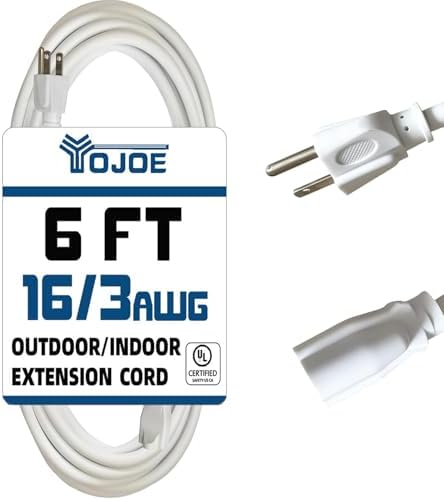 YOJOE Indoor Outdoor Extension Cord, 3 Prong 13A Weatherproof Power Cord, 16 Gauge Heavy Duty 6 ft White Extension Cord for Garage, Garden and Home, 16/3 SJTW UL Listed by YOJOE