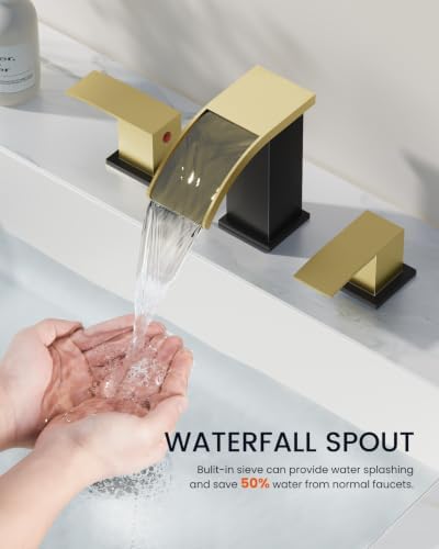 gotonovo Waterfall Bathroom Faucet 3 Hole Square Body,Brushed Gold&Black - Image 5