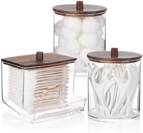 Tbestmax Qtips Dispenser Bathroom Container, 10/12 oz Big Cotton Ball Holder, Apothecary Jar Organizer for Storage Cotton Swab, Round Pads, Floss Picks (Brown Wood Lids) by Tbestmax