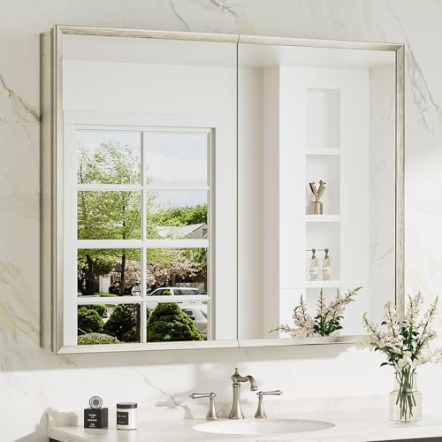 TokeShimi 40 x 32 Bathroom Mirror Cabinet, Assembly Required, Nickel Recessed Medicine Cabinet with Mirror, Steplessly Adjustable Shelves, Beveled Aluminum Frame, Tempered Glass by TokeShimi