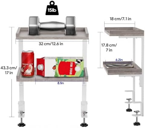 Clamp On Desk Shelf 2-Tier, Wood Shelving Unit for Office Desk/Gaming Accessories, Tabletop Book Storage Rack, Shelf for Top of Desk, Grey - Image 3