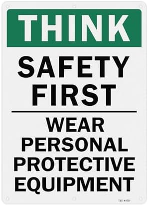 T&R Large Think Safety First Sign Wear Personal Protective Equipment - 14 x 10 Inches Rust Free .040 Aluminum Reflective - UV Protected, Waterproof and Fade Resistant - 6 Pre-drilled Holes by TR