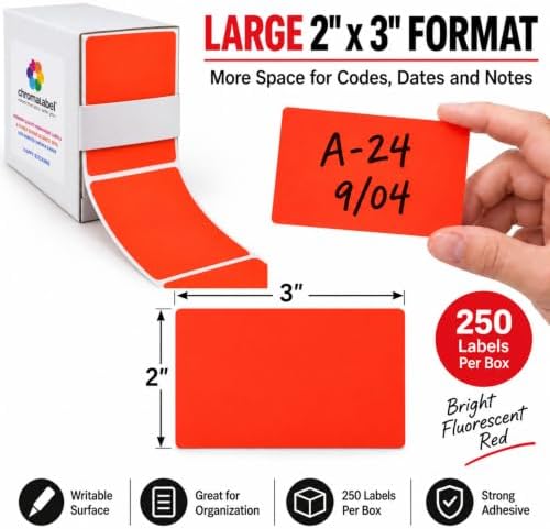 ChromaLabel Fluorescent Red Rectangle Labels, 2 x 3 Inch Writable, 250/Box - Image 2