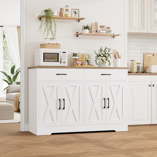 HOSTACK 47" W Kitchen Sideboard Buffet Cabinet with Storage Drawers, White - Image 6