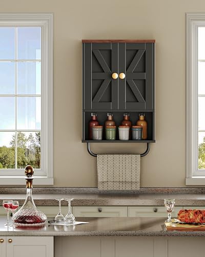 CHOEZON Bathroom Wall Cabinet, Medicine Cabinet with Open Partition and Towel Bar, Rustic Storage Cabinet with Open and Hidden Storage Space, for Bathroom, Living Room, Kitchen, Black and Walnut - Image 4