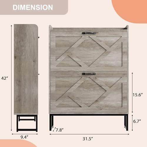 Nicetree Shoe Storage Cabinet with 2 Flip Drawers, Freestanding Shoe Organizer, Shoe Cabinet with Metal Legs, Narrow Shoe Rack Cabinet, Farmhouse Slim Shoe Cabinet for Entryway, Hallway, Rustic Gray - Image 2