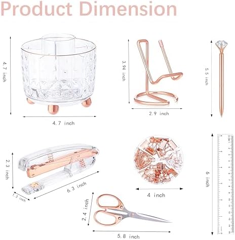 Rose Gold Desk Accessories, Office Supplies Desk Organizers 360°Pen Holder Acrylic Stapler Set, Phone Holder, Ballpoint Pen, Scissor, Binder Clips, Ruler, Transparent Glue, Sticky Note and Staples. - Image 7