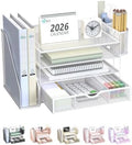 WALI Desk File Organizer, 4 Tier Desktop Paper Letter Tray Organizer with Drawer and 2 Pen Holders, Office Desk Accessories & Workspace Organizers for Office, Home Supplies(DO005DH-W), 1 Pack, White by WALI