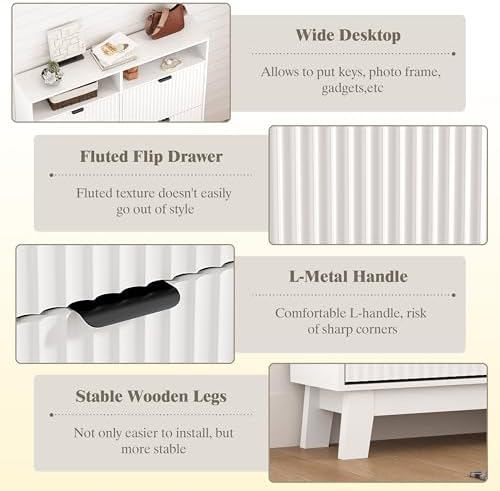 Shoe Cabinet Storage for Entryway with 4 Flip Drawers, Fluted Narrow Shoe Organizer with Wooden Legs & Top Cubby, Freestanding Slim Shoe Storage Hidden Shoe Rack for Front Door Entrance, White - Image 5