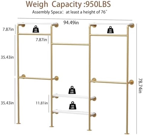 HOMEKAYT Industrial Pipe Clothes Rack with Shelves, Gold Clothing Rack Wall Mounted Heavy Duty Multi-Purpose Storage Clothes Hanging Shelf - 94.5''L Gold - Image 4