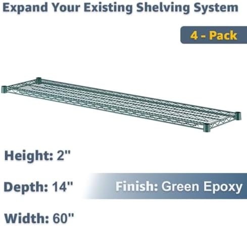 4-Pack 14"x60" Wire Shelf Green | Metal Storage Rack Add-On Shelves Replacement Parts Kit - Image 2