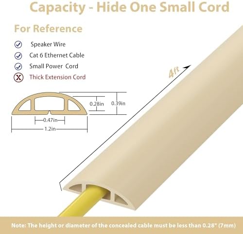 ZhiYo 4ft Cord Hider Floor for 1 Small Wire, Soft PVC Cord Covers for Wires on Floor, Wire Cover to Hide Power Cords, Cable Cover Protect Cords, Cable Cavity: W0.47in x H0.28in Ivory Beige - Image 2