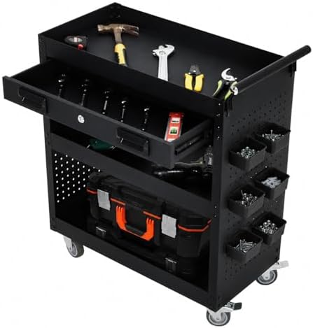 Garvee 27 Inch Rolling Tool Cart on Wheels, 3 Tier Steel Utility Tool Cabinet with Drawer and Casters, Heavy Duty Tool Chest for Garage, Warehouse and Workshop by Garvee