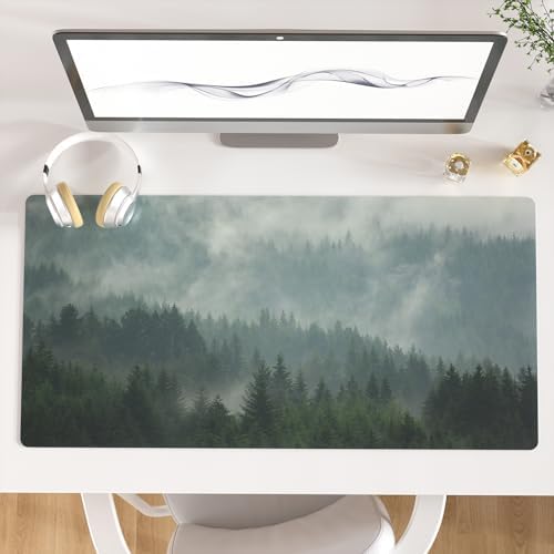Faux Leather Large Mouse Pad, Office Desk Mat, 31.5"x15.7", Foggy Forest by ColorfulStar
