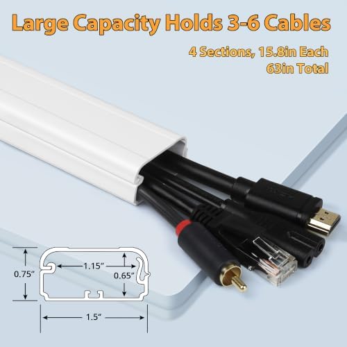 ZhiYo 63in White Cord Cover, TV Cord Hider for Wall Mount, 1.5inW x 0.75inH - Image 6