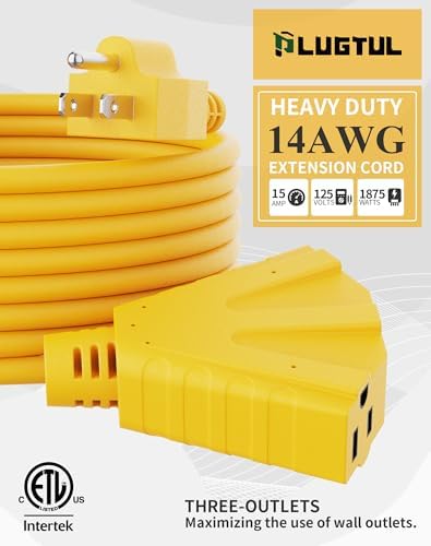 PLUGTUL 50FT Outdoor Extension Cord with Multiple Outlets, 14 Gauge, 3-Outlet, SJTW, 15A 14AWG 1875W SJTW, ETL Listed - Great for Garage, Garden and Home, Yellow - Image 2