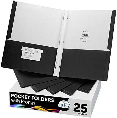 FILE-EZ Two-Pocket Folders with 3-Prong Fasteners, Black Color, 25-Pack, Durable Textured Paper, Matte Finish, Letter Sheet Size (EZ-92505) by FILE-EZ