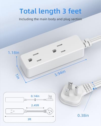 Flat Plug Extension Cord with 3 Outlets - 3 ft White Low Profile Indoor 3 Prong Grounded Power Strip - 16/3 AWG, 13A/1625W for Indoor Cable Organization & Space-Saving - Image 5