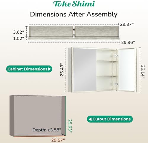 TokeShimi 30 x 26 Medicine Cabinet Mirror for Bathroom, Assembly Required, Nickel Recessed Medicine Cabinet with Mirror, Stepless Adjustable Shelves, Beveled Aluminum Frame, Tempered Glass - Image 2
