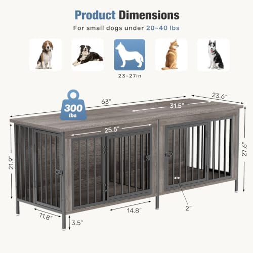 DUMOS 63" Dog Crate Furniture for 2 Dogs with Divider, Gray Wood Grain - Image 6