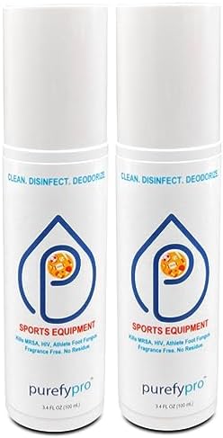 Purefypro Sports Equipment Disinfectant Spray - (3.4oz, 2pk) TSA Travel Size. Kills 99.9999% MRSA, HIV, Athlete Foot Fungus, Virus and Fungi. No Rinse, No Residue. Great For Sports Pads, Yoga Mats, by PUREFYLIFE