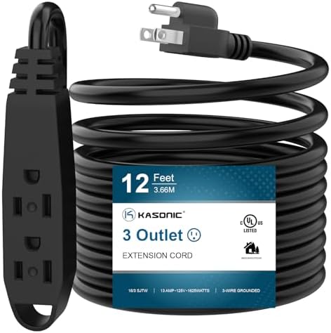 K KASONIC 12 FT 3 Outlet Extension Cord, 16/3 SJTW Grounded Cord, Black by KASONIC