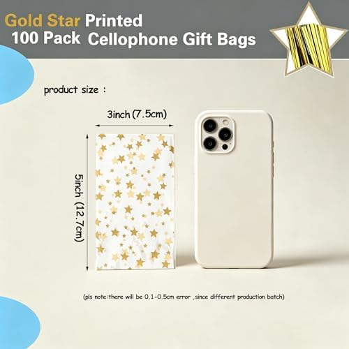 100 Pcs Star Printed 3"X 5"（7.5X12.7cm) Gift Wrap Cello Cellophane Treat Bags Party Favor bags Clear Candy Cookie Bags Plastic Poly Goodie Storage Bags with Twist Ties for Bakery,Birthday, Wedding ,Party Decorations (Gold) - Image 2