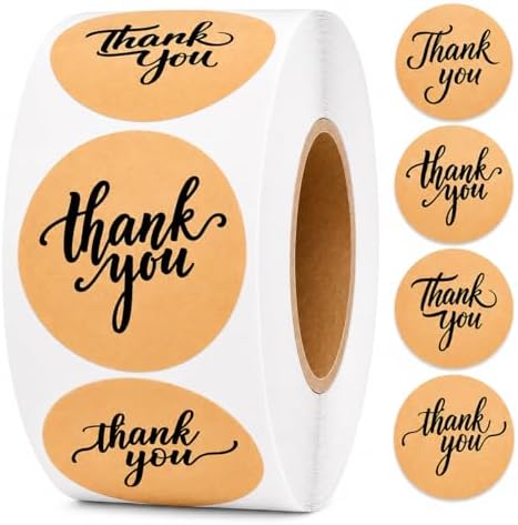 500 Thank You Stickers Roll, 1.5" Round Kraft Paper Labels, Black Script by IBAKE