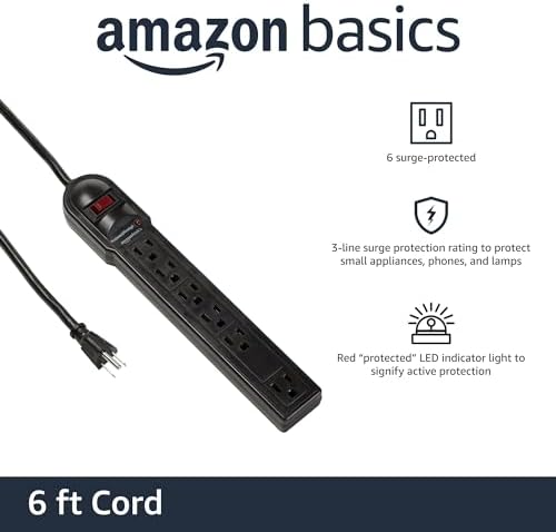 Amazon Basics Surge Protector Power Strip, 6-Outlet, 790 Joules, Circuit Breaker, LED Indicator Light, 6ft Extension Cord, Black (Pack of 2) - Image 2