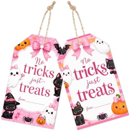 Halloween Pink Gift Tags with String, 50PCS Hanging Tags for Gift Wrapping, Halloween Thank You Labels for Friendsgiving, Party Favors, Bakery Packaging, DIY Crafts - A04 by Yhtmbf