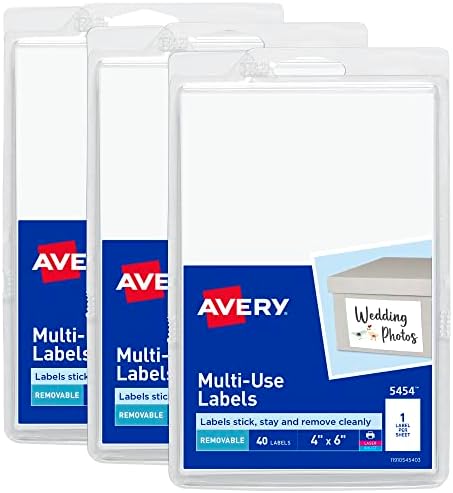 Avery® Removable Labels, 4" x 6" Blank Labels, Laser/Inkjet Printable, 40 per Pack, 3 Packs, 120 Total (5454) by Avery
