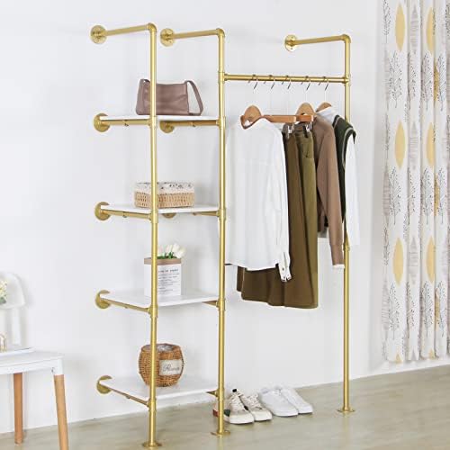 Garment Rack Heavy Duty Clothes Rack for Hanging Clothes, Metal Freestanding Closet Wardrobe Shelf, Gold Industrial Pipe Clothing Racks with Shelves Closet Rods System - Image 2