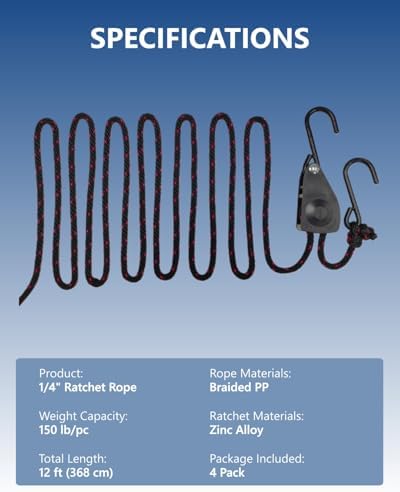 1/4" Ratchet Straps, Ratchet Rope Tie Down, Kayak Tie Down Straps - Image 4
