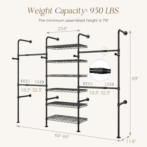 Wall Mounted Closet System, Heavy Duty 3-Row Clothes Rack, Expandable Industrial Pipe Closet Organizers and Storage with 4 Telescopic Rods, 4 Hooks & 6 Shelves for Wardrobe, Bedroom - Image 2