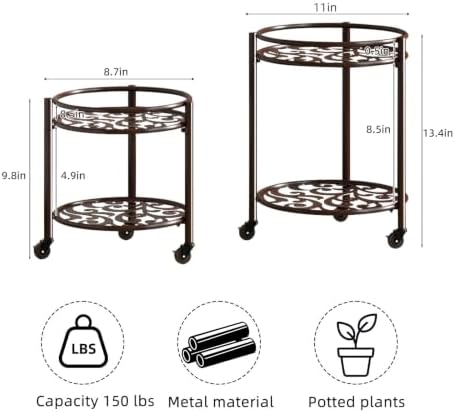 2 Tier Heavy Duty Rolling Plant Stand, 2 Pack Coffee - Image 3