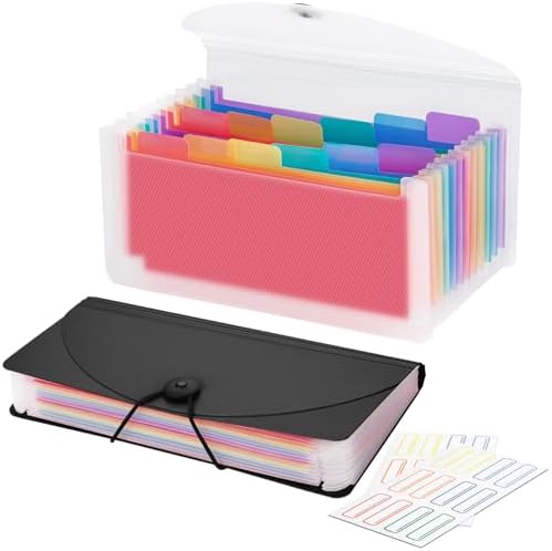 13 Pocket A6 Receipt Organizer, 2 Pack Small Accordion File Organizer, Coupon Organizer with Labels - Clear and Black by RIEJIN