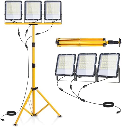 50000Lumen LED Work Lights with Stand - 3 Head Portable Work Light with IP65 Waterproof, Adjustable Stand, 16ft Cord for Construction Sites, Garage, Warehouse Lighting - Indoor Outdoor by TEXTHELL