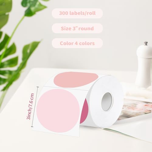3 Inch Thermal Label,Pink Round Thermal Printer Label,Waterproof Thermal Stickers for DIY Logo Design,Name Tag,Thanks Card 300 Labels/Roll (Pink) - Image 2
