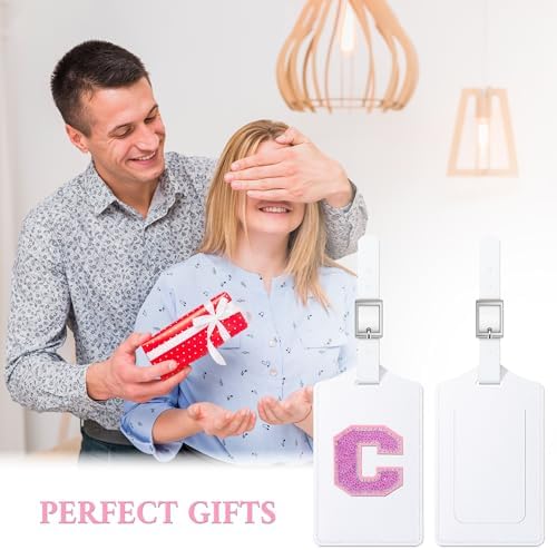 Sodsay 2 PCS Initial Luggage Tag, Luggage Tags for Suitcases Cute Sequin Letter PU Leather Travel Bag Baggage Tags Privacy Cover ID Label for Women Kids Teens Men(C, White Leather+Hot Pink Letter) - Image 7