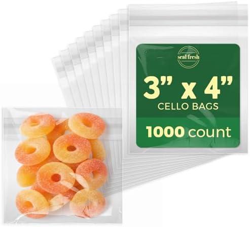 Seal Fresh Self Sealing Cellophane Bags - 3" x 4" (1000 Count) - Clear Plastic Resealable Cello Bag - Cellophane Treat Bags, Cookie Bags for Packaging, Candy bags, Cello Bags, Pastry Bags by SealFresh