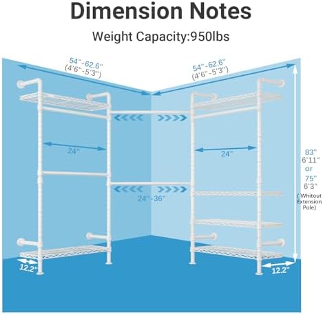 Timate L3 L Shape Garment Rack Heavy Duty Clothes Rack for Hanging Clothes, Expandable Industrial Pipe Wall Mounted Clothing Rack, Adjustable Corner Closet Wardrobe Closet Kit Closet Systems, White - Image 4