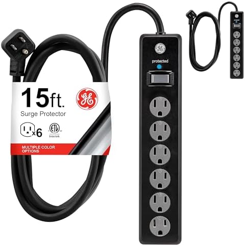GE Surge Protector Power Strip, 15 Ft Extension Cord, 6 Outlet Extender, 800 Joules, Flat Plug, Twist-to-Close Safety Covers, UL Listed, Black, 2 Pack, 54650 by Unknown