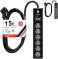 GE Surge Protector Power Strip, 15 Ft Extension Cord, 6 Outlet Extender, 800 Joules, Flat Plug, Twist-to-Close Safety Covers, UL Listed, Black, 2 Pack, 54650 by Unknown