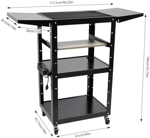 Steel Rolling Cart with Wheels, Height Adjustable Metal AV Cart Heavy Duty Rolling Work Station Media Projector Cart with Folding Drop Leaves, Supports Up to 300 LBs, 24'' x 18'' x 41.75'' - Image 4