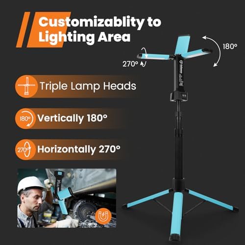 Rechargeable Work Light with Stand, GoGonova Cordless Work Light with Triple LED Lamps, 8AH Battery, 700/1200/2200 Lumen, 4000/6500K Dimmable Camping Light with Detachable Tripod（Blue） - Image 2
