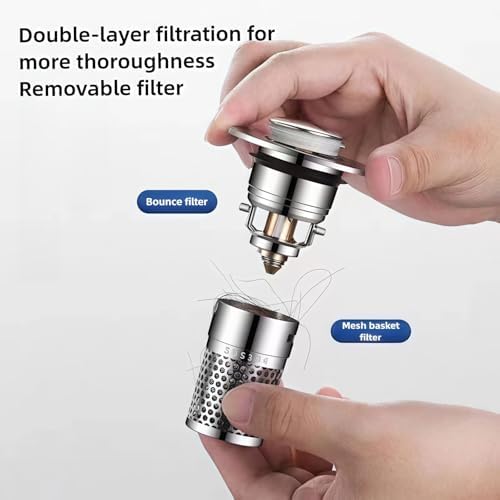 Universal Pop-Up Bathroom Sink Stopper, Stainless Steel Drain Strainer with Removable Filter Basket for 1.1"-2.36" Basin, Push-to-Bounce Core, Bathroom Sink Plug, Hair Catcher, 2 Pack - Image 5