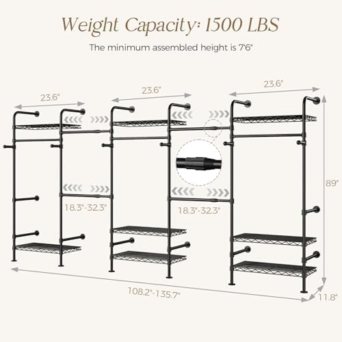 Wall Mounted Closet System, Heavy Duty 5-Row Clothes Rack, Expandable Industrial Pipe Closet Organizers and Storage with 4 Telescopic Rods, 3 Fixed Rods, 6 Hooks & 8 Shelves for Wardrobe, Bedroom - Image 2