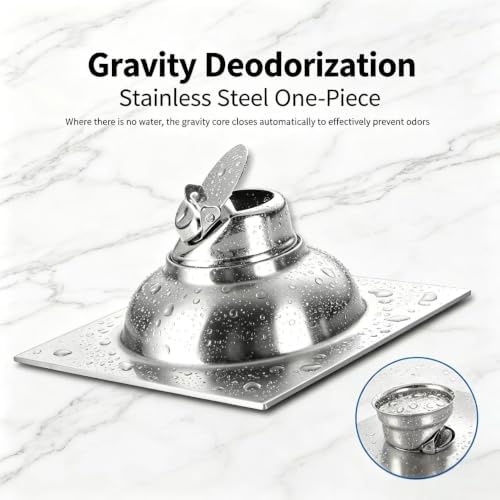 4 Inch Brushed Stainless Steel Square Shower Floor Drain, Floor Drain Cover with Hair Filter and Deodorizing Core, Fast Drainage Drain Accessory for Bathroom, Kitchen, Balcony and Laundry Room - Image 7
