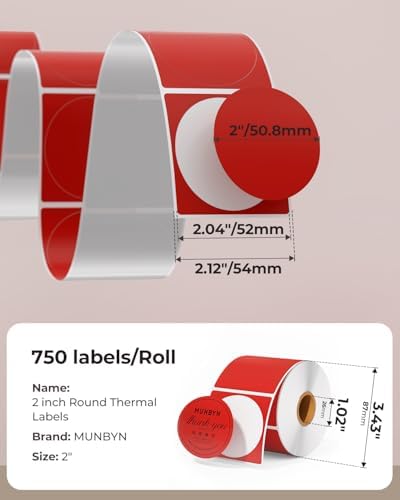 MUNBYN 2 Inch Red Round Thermal Labels for Business, 750 Sheets/1 Roll - Image 2